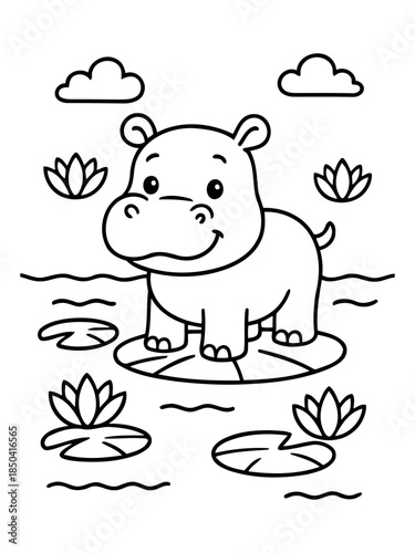 Smiling Hippo on Lilypad: A charming illustration depicts a friendly hippo standing proudly on a lilypad, surrounded by water lilies and fluffy clouds, offering a delightful scene of playful wildlife.