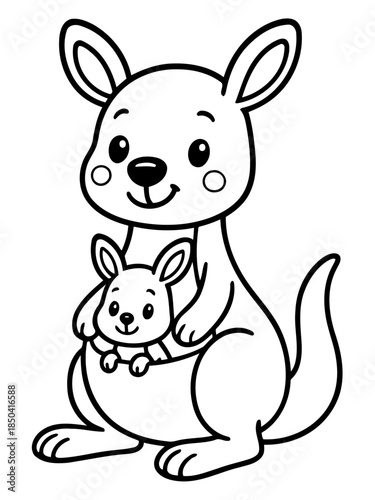 Cartoon Kangaroo and Joey: A charming monochrome illustration of a mother kangaroo with her joey nestled safely in her pouch, a symbol of protection and maternal affection.