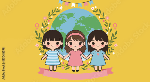 A charming vector illustration for Happy Children's Day featuring three adorable girls holding hands in front of a world globe, surrounded by floral elements, perfect for celebrating childhood.