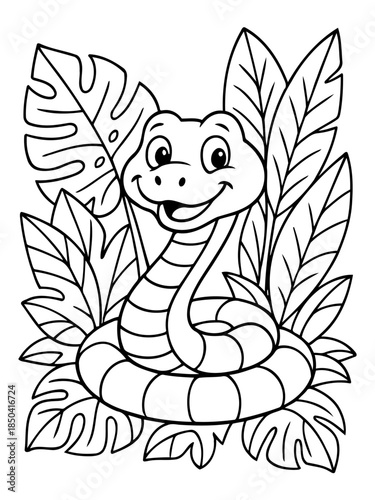 Cartoon snake in leaves: A charming illustration depicts a friendly snake nestled amidst lush tropical foliage, exuding a sense of playful innocence and adventure.