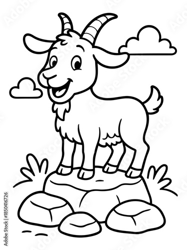 Goat on Rock: An adorable goat with impressive horns stands proudly atop a rugged rock formation, a cheerful cloud floating nearby, creating a simple yet charming image.