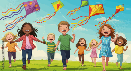 A diverse group of happy children joyfully runs across a vibrant green field under a bright blue sky, celebrating a special day with colorful kites.