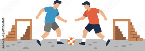 Two young men playing street football with makeshift brick goals.