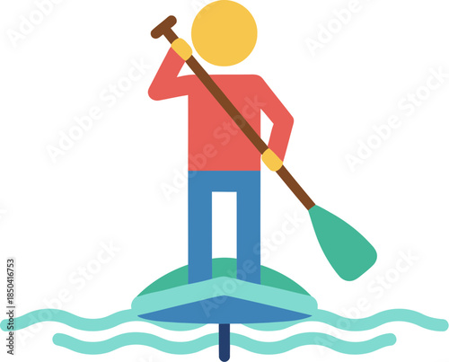 Flat vector icon of a person on a stand-up paddleboard.