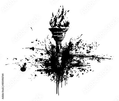 Burning torch with flames in abstract black ink splatter style