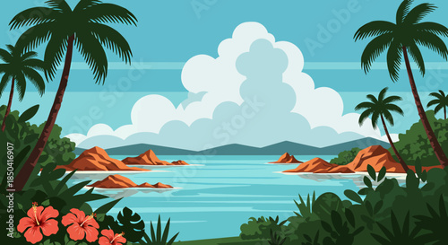 A vibrant tropical beach scene with lush palm trees framing a serene ocean bay, featuring distant islands and a bright sky, presented in a clean vector illustration.