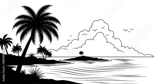 A serene vector illustration showcases a tranquil coastal scene with silhouetted palm trees, gentle waves, and a picturesque island under a cloudy sky, evoking a sense of peace.