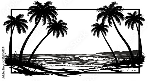 A black and white vector illustration depicts a serene beach scene with silhouetted palm trees, gentle waves, and a tranquil ocean under a clear sky, framed by a simple border.