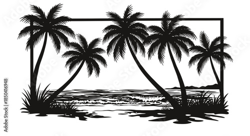 A striking vector illustration showcases silhouetted palm trees gracefully positioned near a tranquil ocean scene, evoking a sense of tropical serenity and vacation bliss within a rectangular frame.