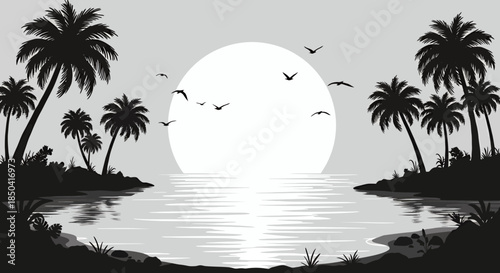 A serene vector silhouette illustration depicts a tropical sunset or sunrise over calm ocean waters, framed by majestic palm trees and flying birds.
