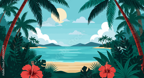 A vibrant vector illustration showcases a tropical paradise, featuring lush palm trees, serene ocean waters, and a bright sun, creating a perfect summer vacation scene.