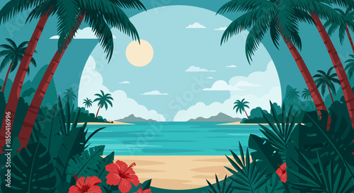 A serene vector illustration depicts a tropical beach paradise with palm trees framing a tranquil ocean view under a bright sun and scattered clouds.