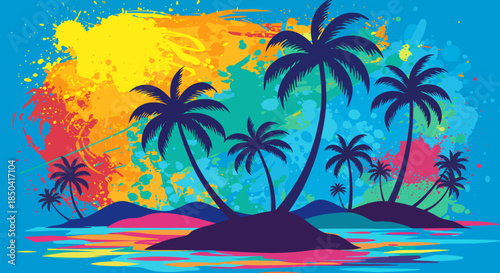 Vibrant vector illustration of a tropical island silhouette featuring palm trees against a colorful, abstract watercolor splash background, evoking a summer vacation vibe.