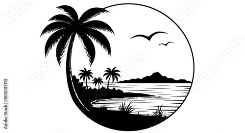 A serene vector illustration showcases a coastal landscape featuring palm trees and a tranquil ocean scene, perfect for travel and tropical themed designs.
