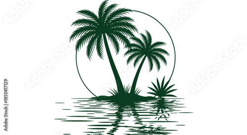 A beautiful vector illustration featuring a tropical palm tree silhouette with serene water reflections, perfect for summer vacation designs.