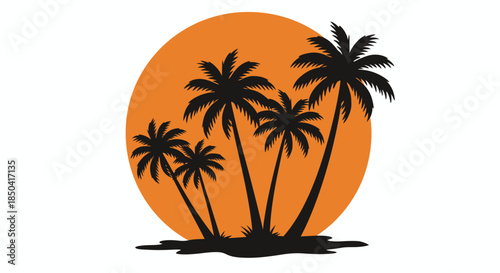 A vibrant vector illustration showcases a group of silhouetted palm trees standing on a small island against a warm, glowing orange sun, evoking a serene tropical sunset.
