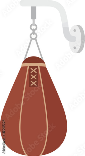 Brown leather speed bag for boxing training hanging from a wall mount.