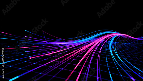 Futuristic neon glowing lines with perspective grid isolated on white background, abstract blue and pink fiber optic data flow, digital high-tech network connectivity element svg trasparent png 