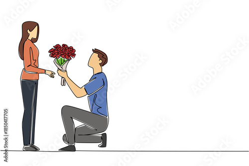 Continuous one line drawing a man kneeling while giving a bouquet of flowers to a woman. The long awaited moment. True love. Bring Flowers To Someone Day. Single line draw design vector illustration
