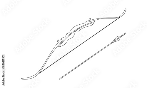 Detailed recurve bow and arrow line illustration with technical style, isolated on white background, suitable for manuals, diagrams, sports education, and vector design.