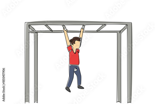 Single one line drawing boy playing hanging body on amusement ride. Play while training dexterity. Practice. Strengthen hands. International Day of Boys. Continuous line design graphic illustration