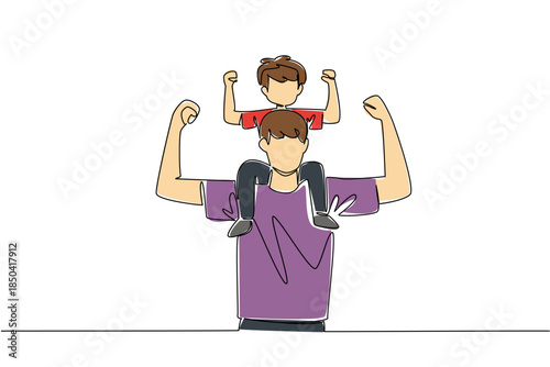 Single one line drawing a father carries his son on shoulders and poses like a bodybuilder. Working together to maintain health. International Day of Boys. Continuous line design graphic illustration