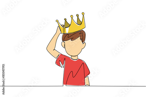 Single one line drawing a boy is putting a crown on his head. Confirmation of the successor to success. The prestigious throne. International Day of Boys. Continuous line design graphic illustration