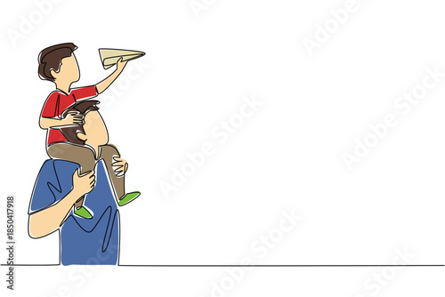 Single continuous line drawing father carrying his son on his shoulders and the child holding a paper airplane. Fun with toy planes. International Day of Boys. One line design vector illustration