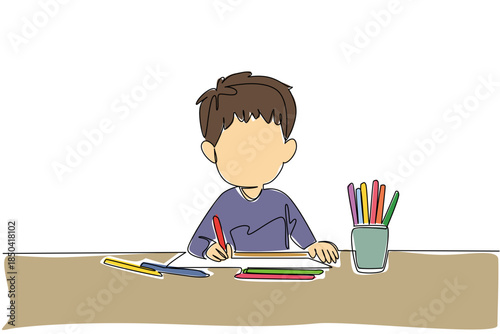 Continuous one line drawing a boy drawing with colored pencils and colorful pencil case. The first subject is coloring. Train the imagination. Drawing Day. Single line draw design vector illustration