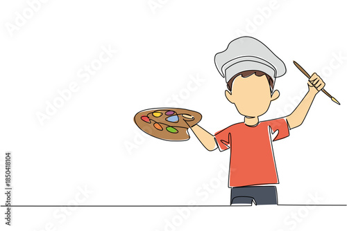 Single continuous line drawing boy wear tshirt hold colorful watercolor palette and watercolor brush with artist beret hat. Playing with imagination. Drawing Day. One line design vector illustration
