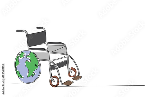 Single one line drawing wheelchair with outermost wheel position replaced with globe. A world suitable for the disabled. Global Accessibility Awareness Day. Continuous line design graphic illustration