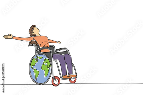 Single continuous line drawing a woman sitting in wheelchair with her arms outstretched. Equality despite differences. Disabled. Global Accessibility Awareness Day. One line design vector illustration