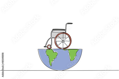 Continuous one line drawing wheelchair which has half a globe underneath. The world supports equality. Convenience. Global Accessibility Awareness Day. Single line draw design vector illustration
