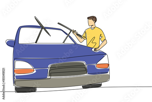 Single continuous line drawing a man holds a car wiper with both hands. Checking everything important to keep it working. Service. National Check Your Wipers Day. One line design vector illustration