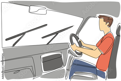 Continuous one line drawing a young man driving a car and turning on the wipers. Driving in bad weather. Must stay focused. National Check Your Wipers Day. Single line draw design vector illustration