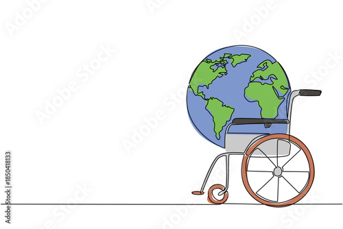 Single continuous line drawing wheelchair with a globe on the seat. Symbolism of a nearly dying environment. Carrying life. Global Accessibility Awareness Day. One line design vector illustration
