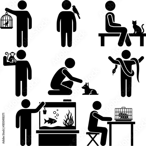Diverse Pet Ownership Icon Set: Common and Exotic Animals with Veterinary Care Pictograms