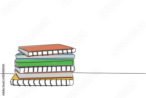 Continuous one line drawing stack of notebooks with ring binding. One notebook for one subject. Preparation for studying on Monday. National Notebook Day. Single line draw design vector illustration