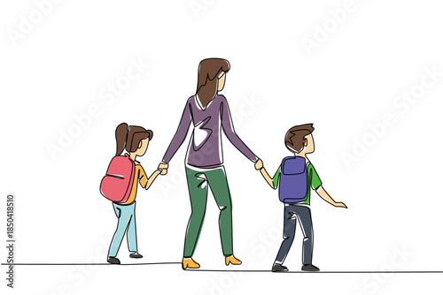 Single continuous line drawing rear view, a mother holds her son and daughter on her right and left. Walk happily together to school. Walk Safely To School Day. One line design vector illustration