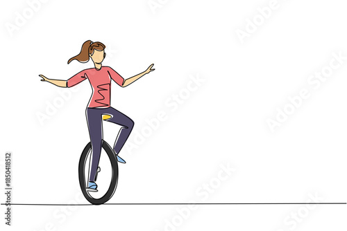 Single one line drawing a young beautiful woman riding a unicycle. Strong and brave woman. Entertaining the audience. Very balanced. Ride a Unicycle Day. Continuous line design graphic illustration