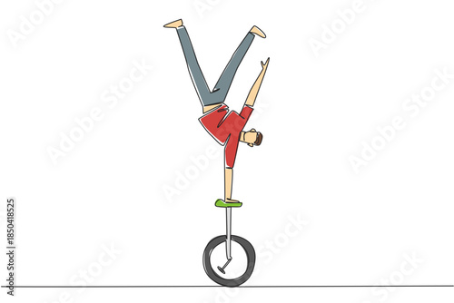 Single continuous line drawing strong man standing upside down with one hand holding unicycle seat. Acrobatics like a circus performer. Brave. Ride a Unicycle Day. One line design vector illustration