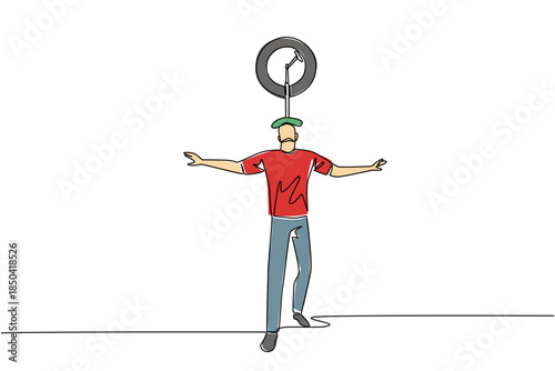 Continuous one line drawing a man puts a unicycle on his head. Have strong neck muscles. Agile. Showing his skills. Playing balance. Ride a Unicycle Day. Single line draw design vector illustration