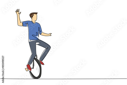 Single one line drawing man riding unicycle waving his hand. Greet the audience with a wave. Reckless show without safety equipment. Ride a Unicycle Day. Continuous line design graphic illustration