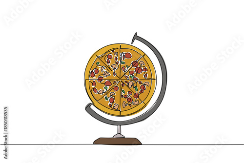 Single one line drawing globe whose center has been replaced with a pizza. Order pizza on special days. Gathering full of joy. National Pizza Party Day. Continuous line design graphic illustration