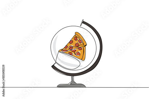 Single continuous line drawing globe whose center is replaced by a plate containing a slice of pizza. A very filling pizza party. Tasty. National Pizza Party Day. One line design vector illustration