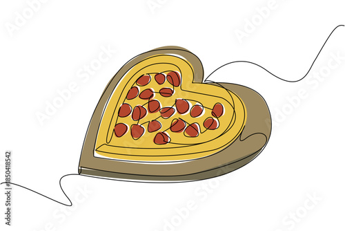 Continuous one line drawing heart shaped pizza on a heart shaped tray. Eating a pizza with full of romance. Failed diet. Exciting. National Pizza Party Day. Single line draw design vector illustration