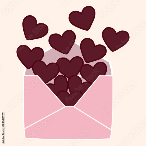 Vector element of an open pink envelope with hearts. Symbolizes emotional abundance, an overflow of love, and the beauty of sincere romantic confessions.