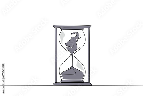 Single continuous line drawing the bottom of the elephant is sucked into the hourglass. Poaching of ivory. Near extinction. Save. National Endangered Species Day. One line design vector illustration
