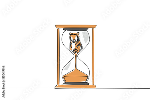 Continuous one line drawing the bottom of the tiger is sucked into the hourglass. Habitat loss due to deforestation. Save. National Endangered Species Day. Single line draw design vector illustration