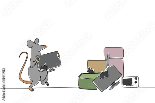 Continuous one line drawing rats carry broken monitors to trash bins filled with piles of electronic waste. Throw it away or fix it. National Pack Rat Day. Single line draw design vector illustration